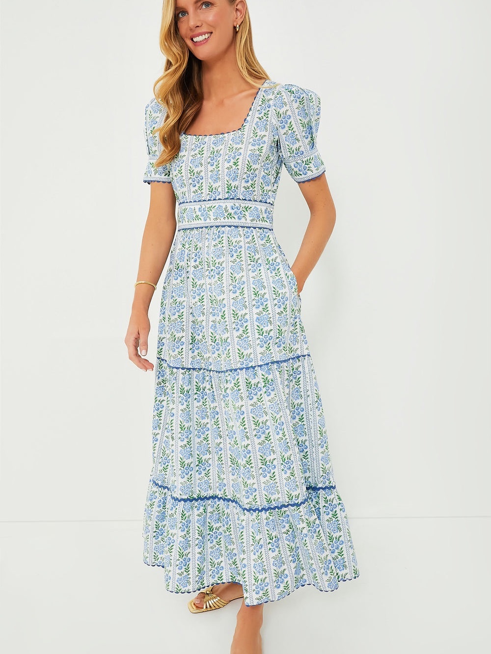 Pink City Prints Cotswolds Border Evelyn Dress Blue Floral Large